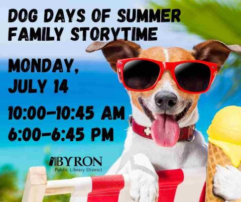 Dog in sunglasses with program date & time