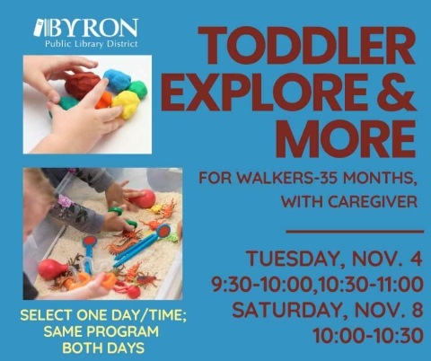 Photo of playdough and rice bin play with program dates.