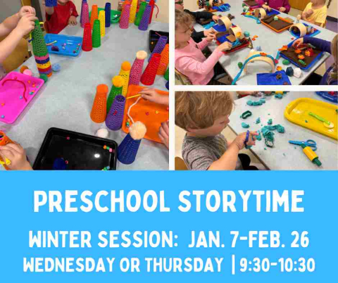Photos of children participating in storytime activities.