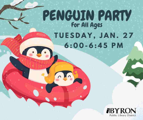 Graphic of penguins in a sled with program date.