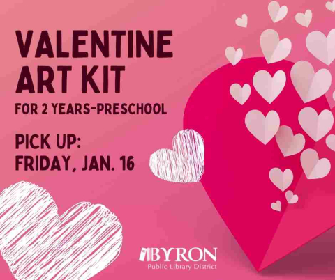 Graphic of hearts with kit pick up date.