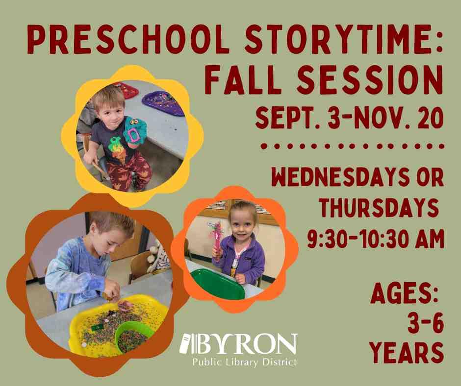 Photo of table activities during storytime, with dates of program.