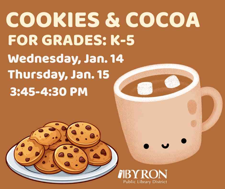 Photo of cocoa & cookies with event date.